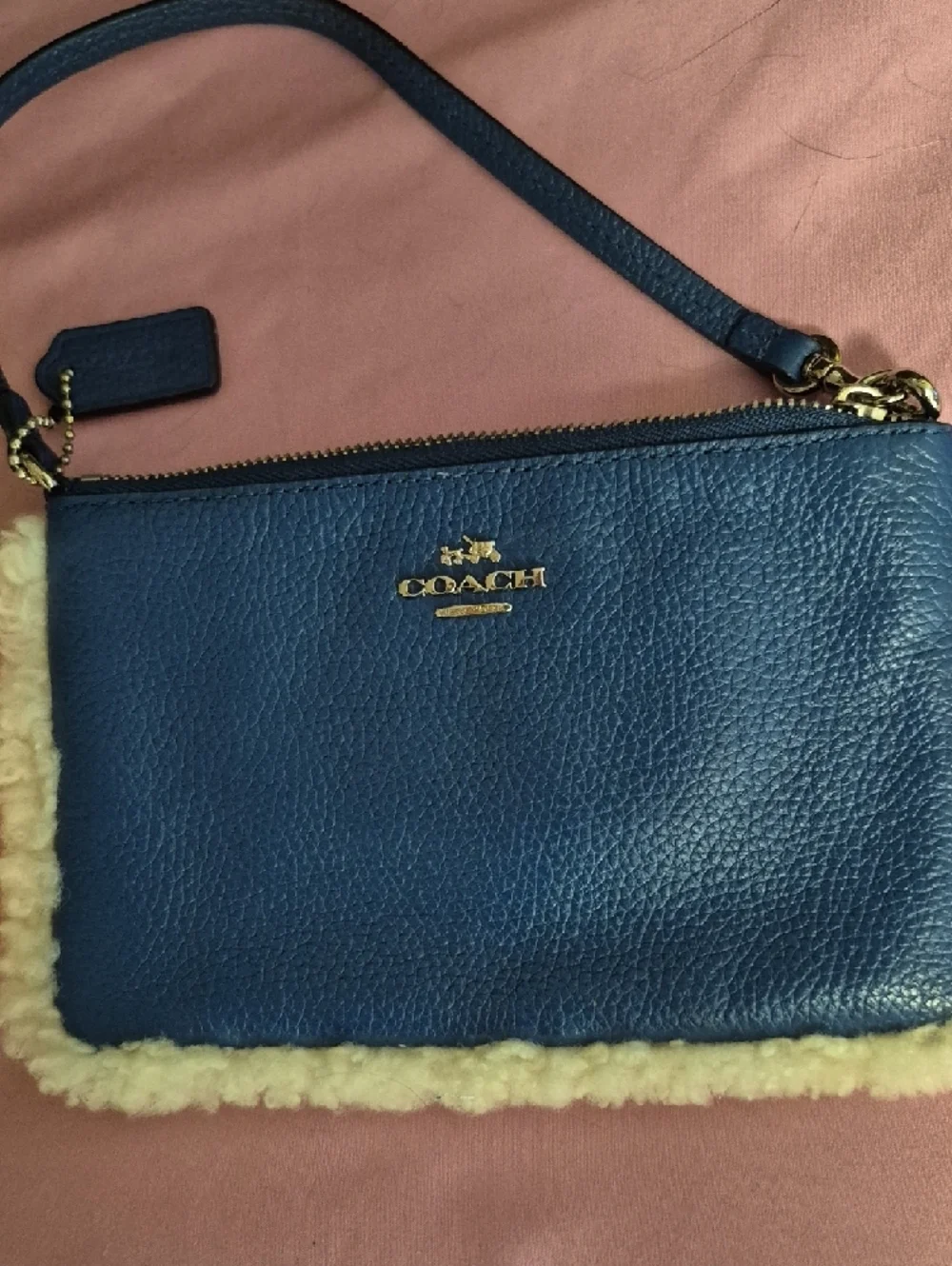 Coach Navy Leather Wristlet with Cream Shearling Trim
